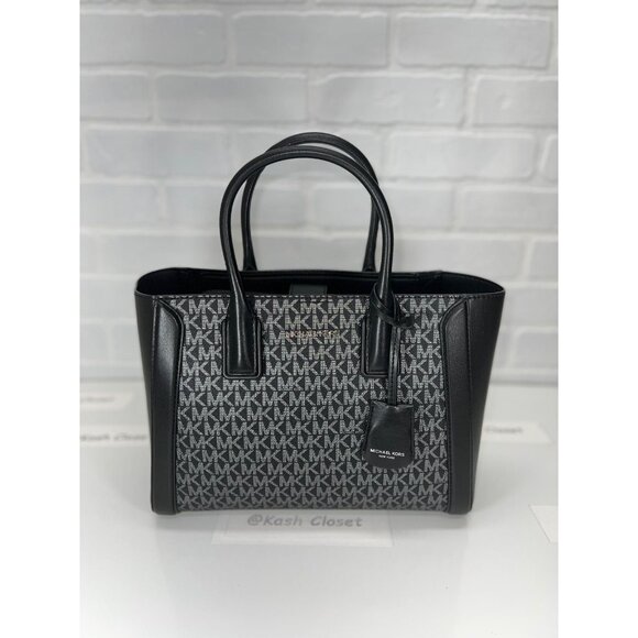 Michael Kors satchel medium purse ipad case kali tote shoulder bag black silver - Picture 2 of 11